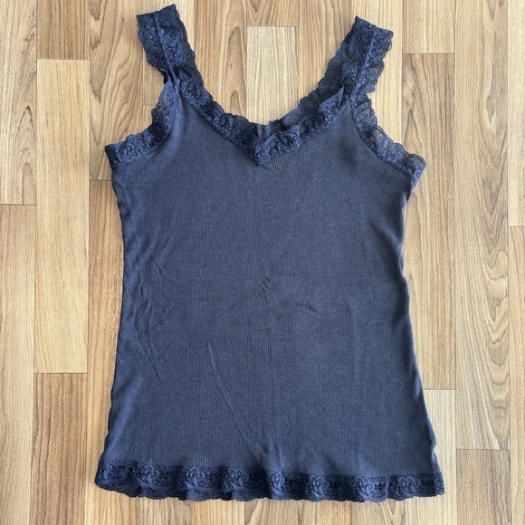 Northcrest Tops - Lace Trim Ribbed Cami Tank Navy Blue Size Large Layering Coquette Y2K 90's Fairy